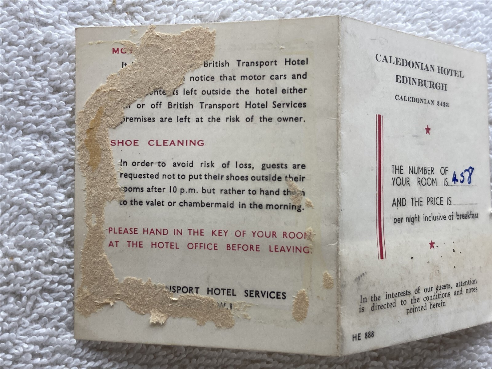 1950’s Caledonian Hotel Edinburgh Room Ticket United Kingdom Vtg