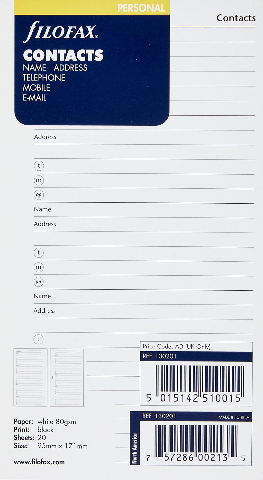 FILOFAX Name/Address/Telephone Refill for Personal & Personal Compact Size, 2…