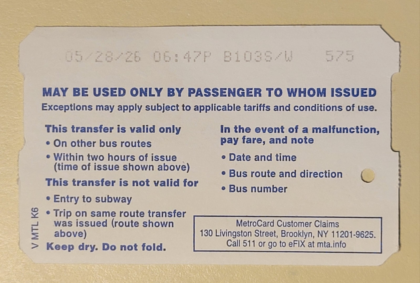 MTA MetroCard Expired Bus Transfer 2026 New York City Transit Collectible