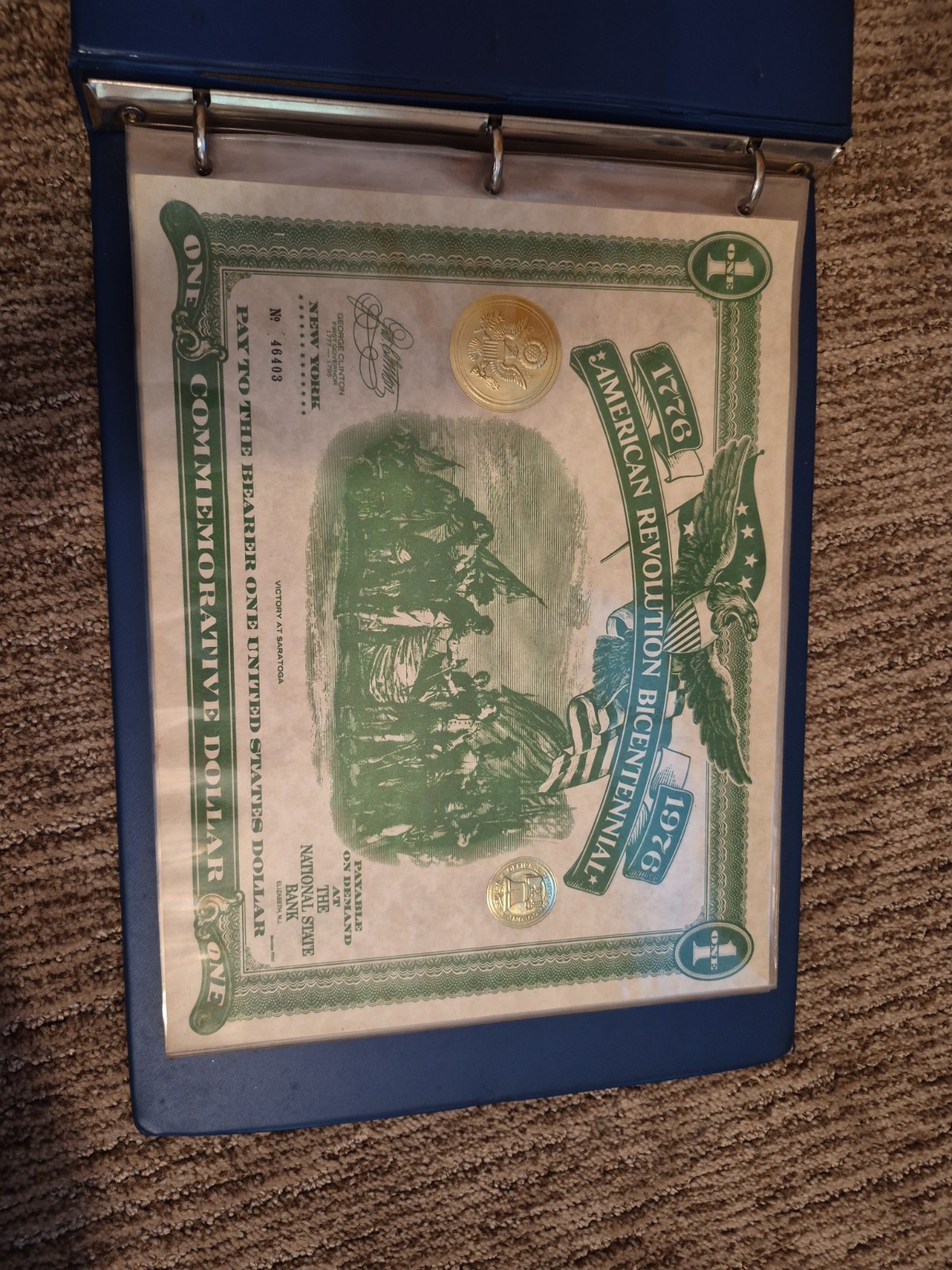 American Revolution Bicentennial Commemorative Dollar Certificate NY 1976