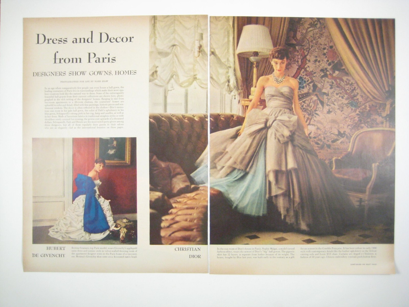 Vintage 1950s Life Magazine Fashion Pages Parisian Designers Dior Givenchy Gown