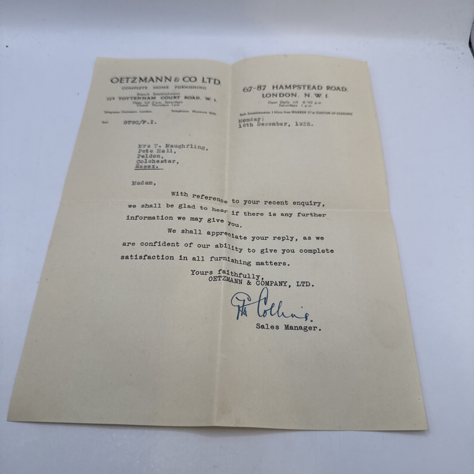 1936 LETTER & PRE-PAID ENVELOPE OETZMANN & Co LONDON