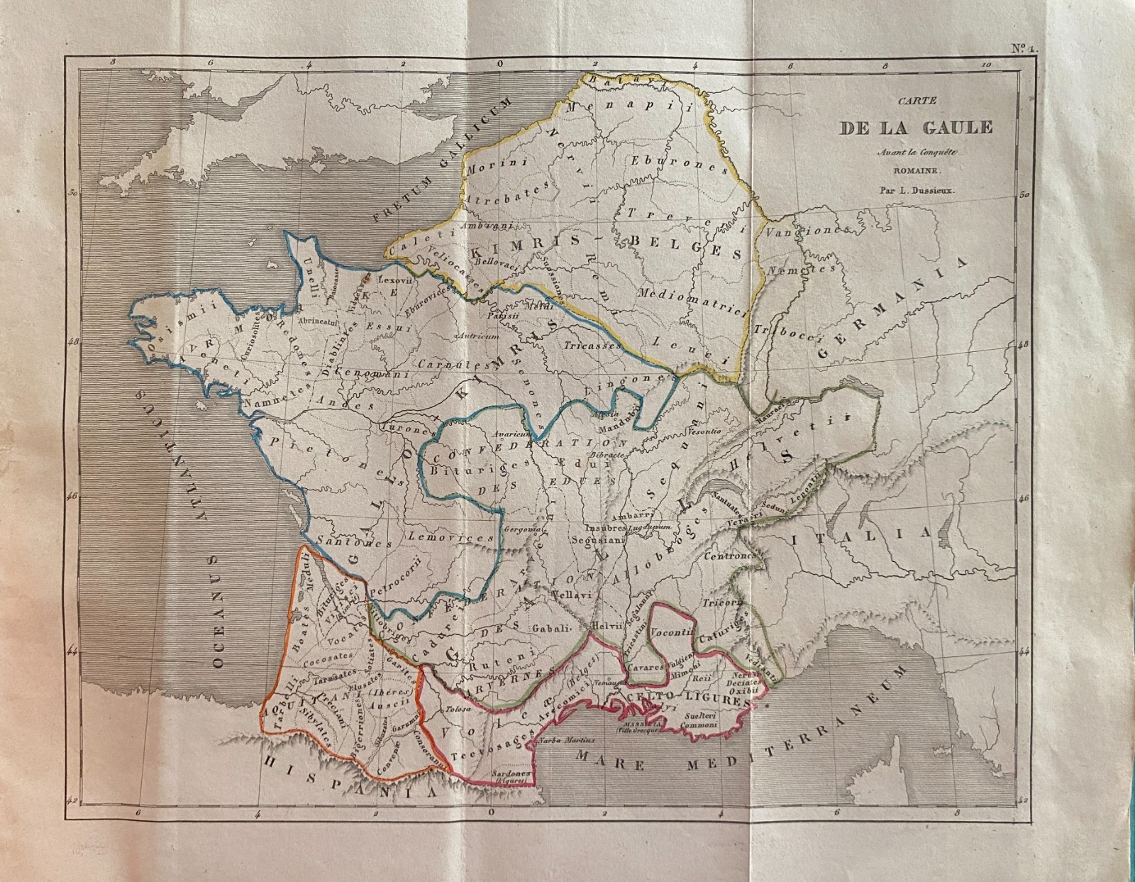 Engraving France 1840 “Map Of Gaul Before The Roman Conquest”