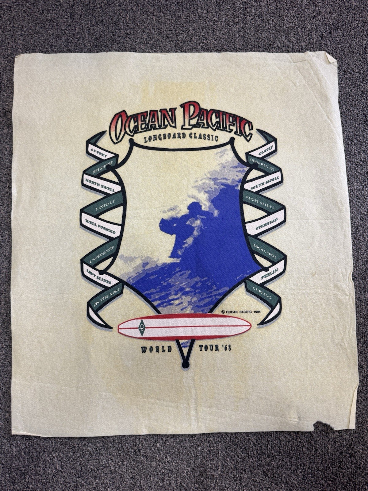 Vintage 1994 Ocean Pacific OP T-Shirt Test Print Longboard Classic Surf Graphic
