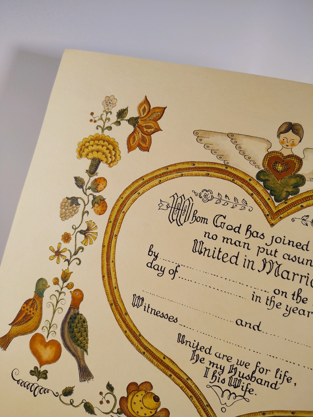 Vintage Primitive Folk Art Marriage Certificate Angel Birds Heart BLANK NEW