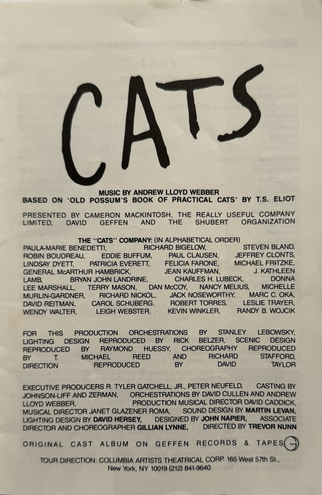 Cats – Broadway Tour Playbill – Nov 1991 – Donna Lee Marshall