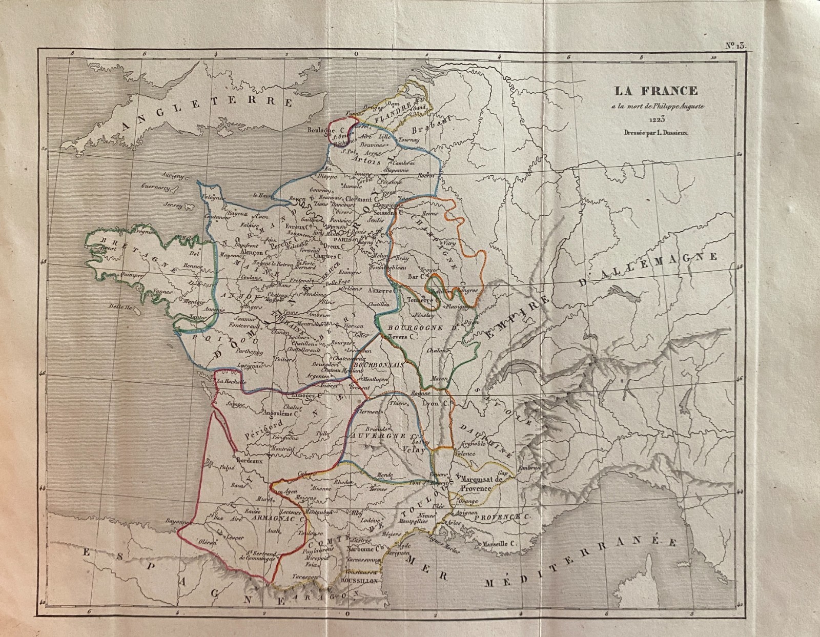 Engraving France 1840 “Map Of France At The Death Of Philippe Auguste 1223”