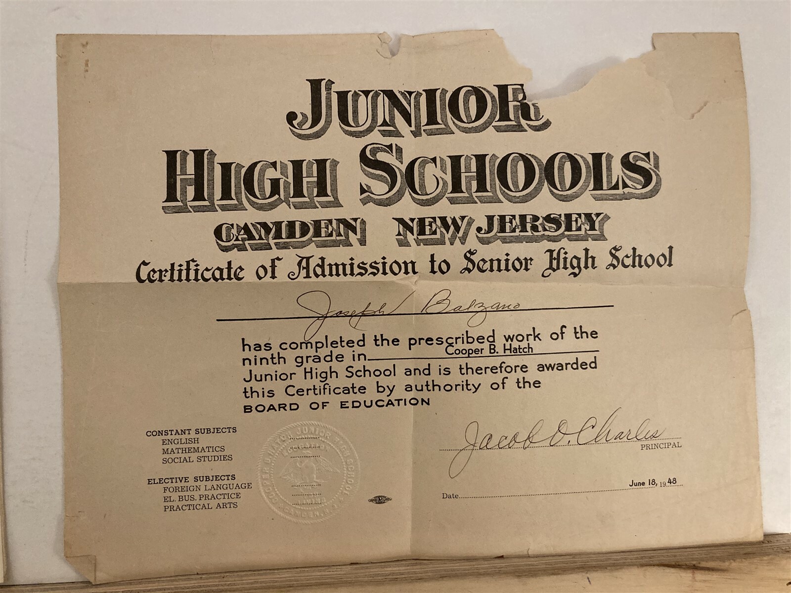 1951 Camden High School Diploma New Jersey NJ Vtg