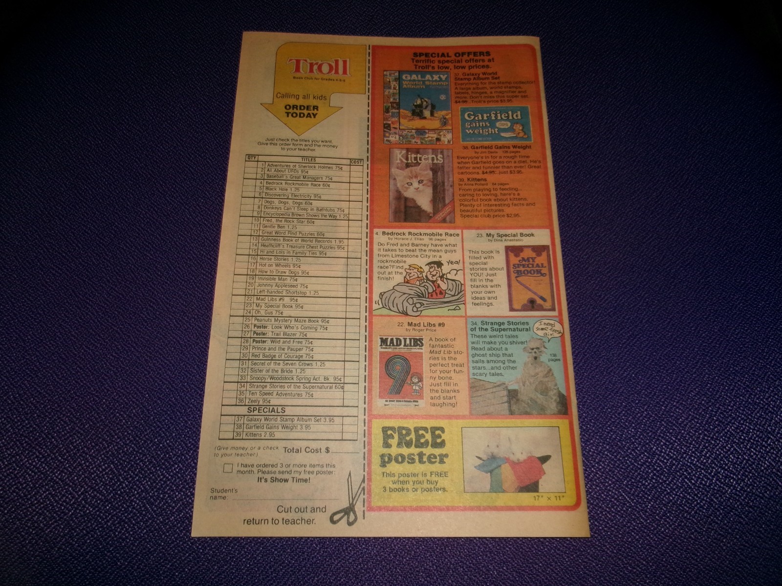 VTG April 1982 TROLL BOOK CLUBS Order Form : Heathcliff Garfield Snoopy UFOs +