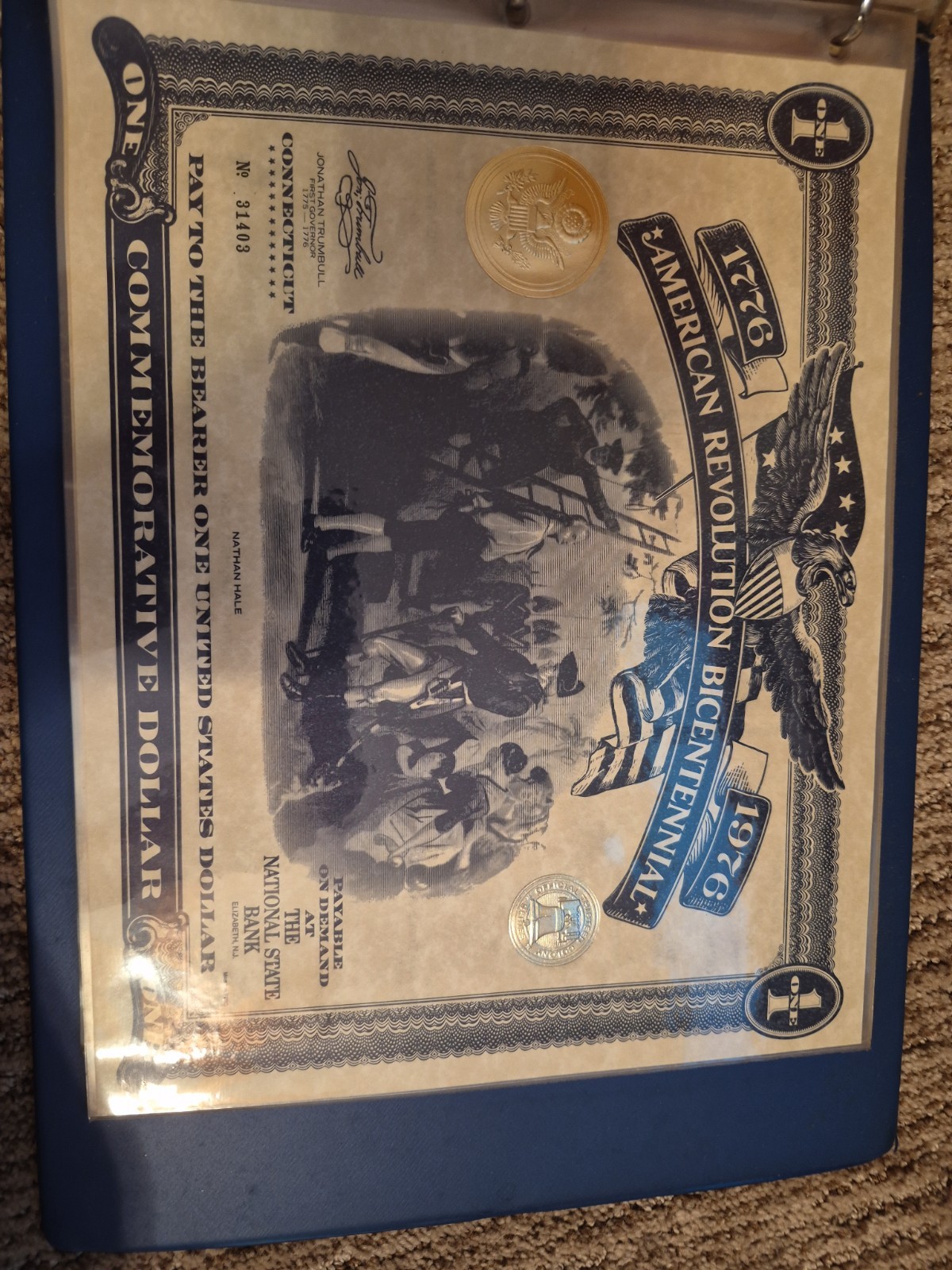 American Revolution Bicentennial Commemorative Dollar Certificate NY 1976