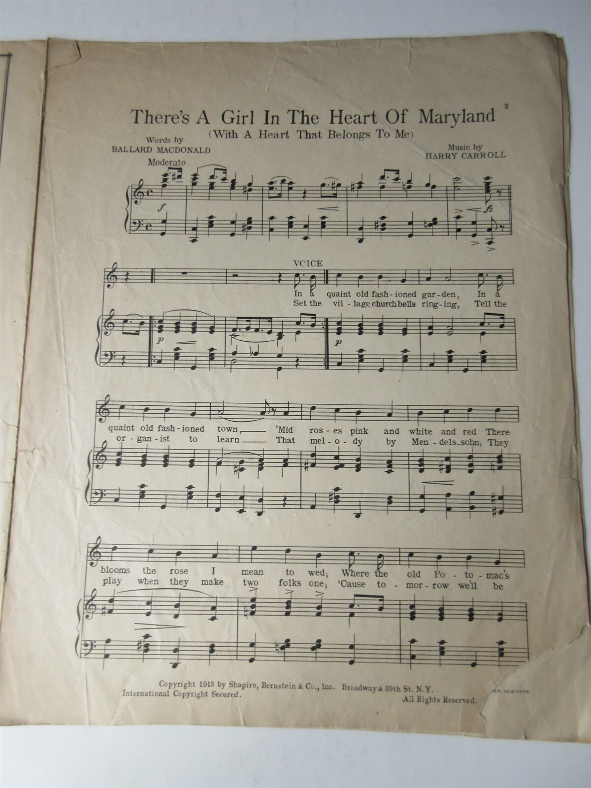 Vintage Sheet Music “There’s A Girl In The Heart Of Maryland” 1913