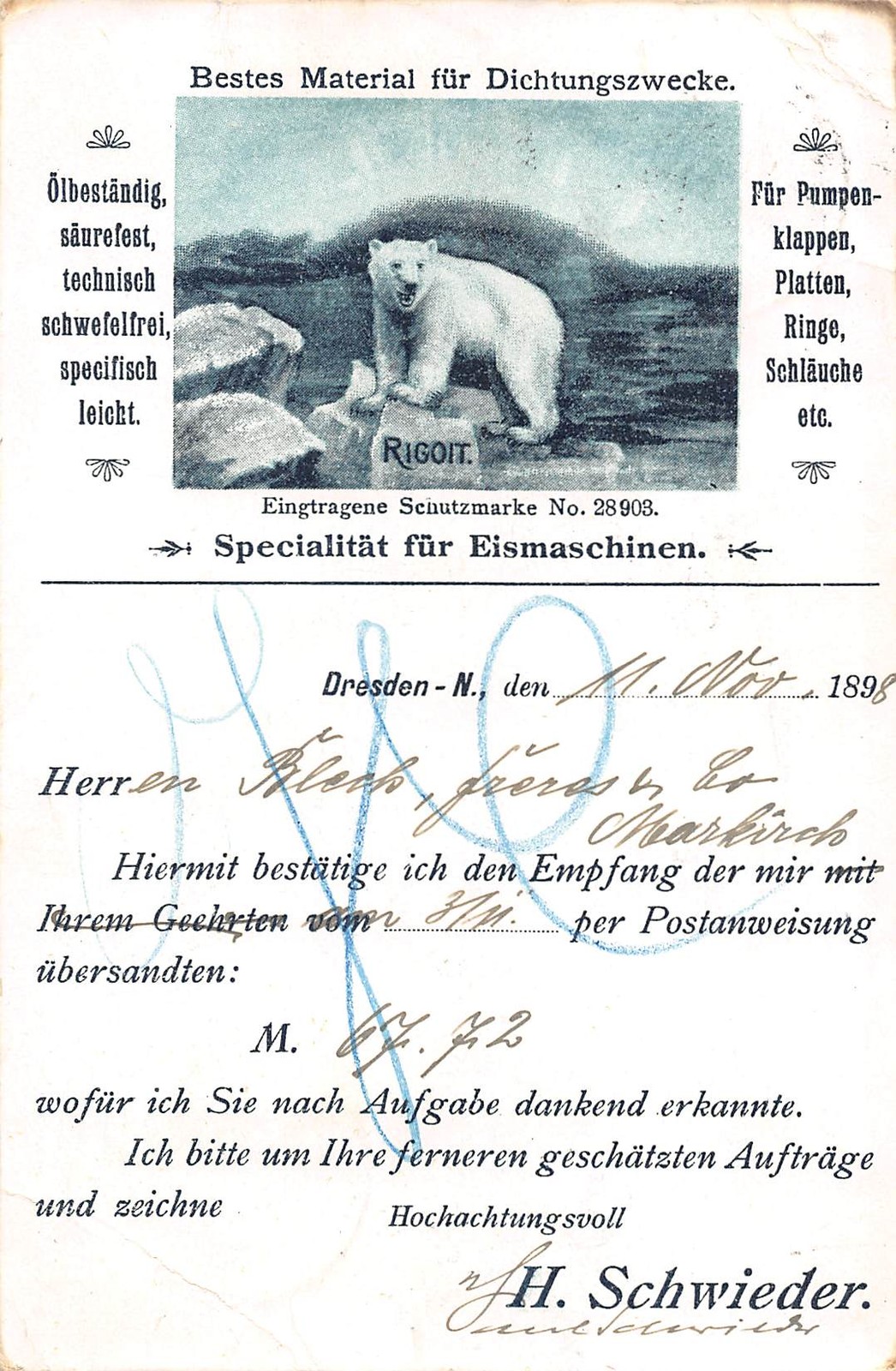 Rare Lithograph AK 1898 Dresden Rigoit Ice Machines Advertising Card