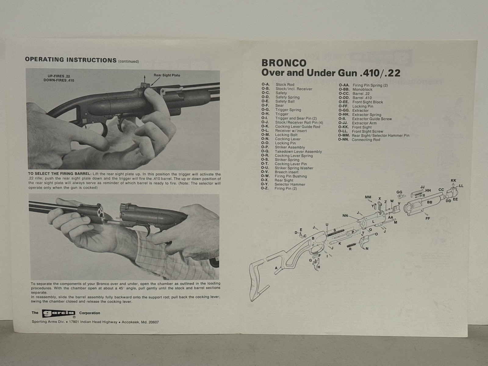 GARCIA “Bronco” Over & Under Gun .410/.22 Manual