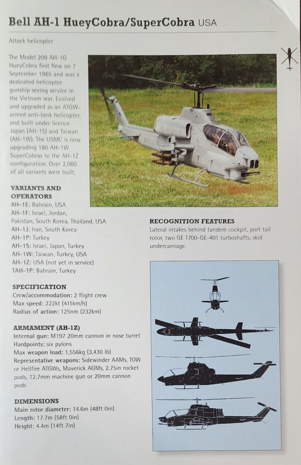 Bell AH 1 AH-1 Huey Cobra Helicopter Picture Original Vtg Article Info Sheet