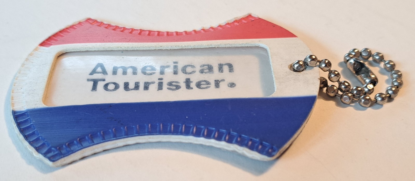 Vintage American Tourister Luggage Name Tag Red White & Blue Ball Key Chain