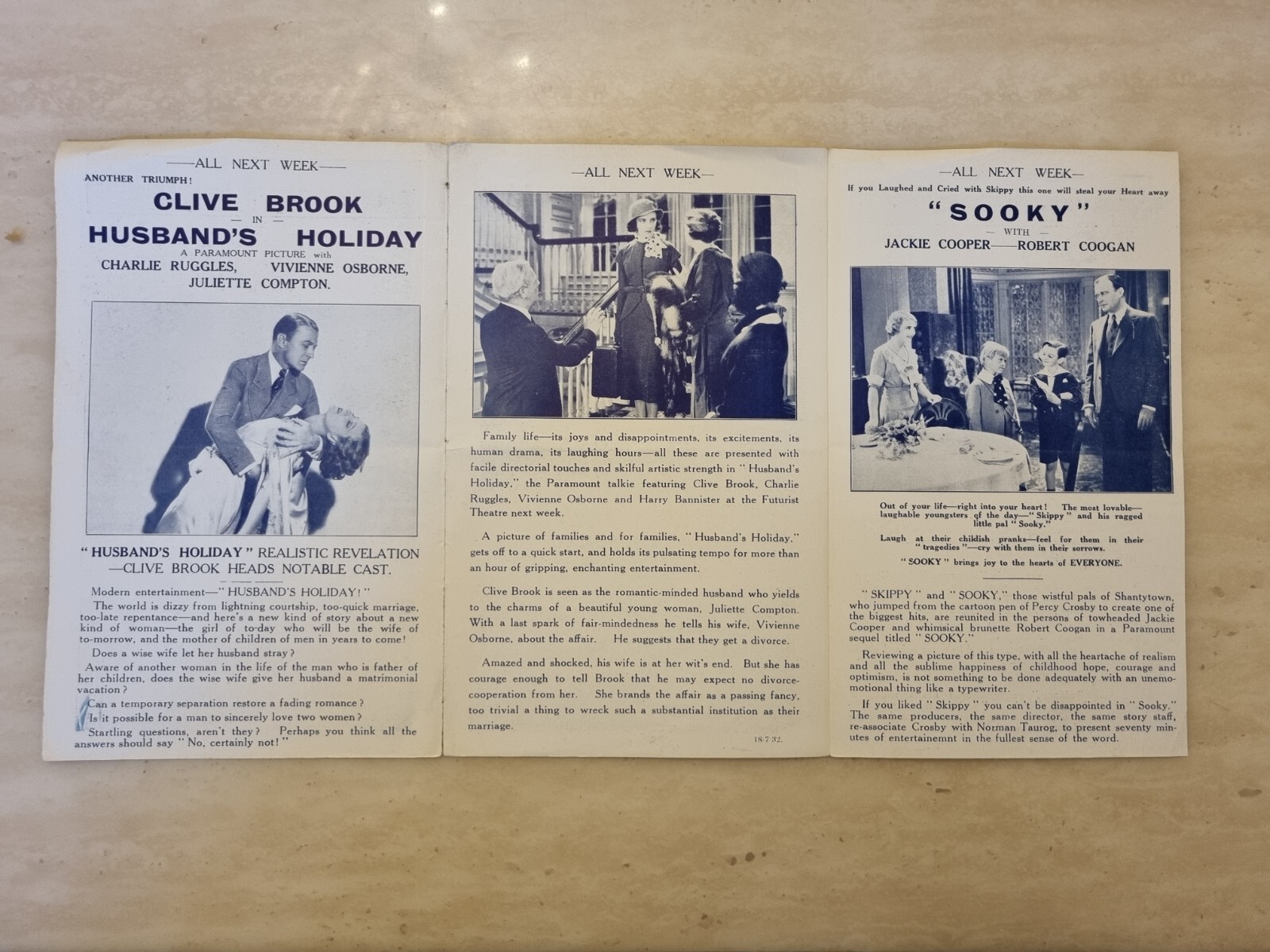 1930’s Cinema Programme Husband’s Holiday – Clive Brook Vivienne Brook / Sooky