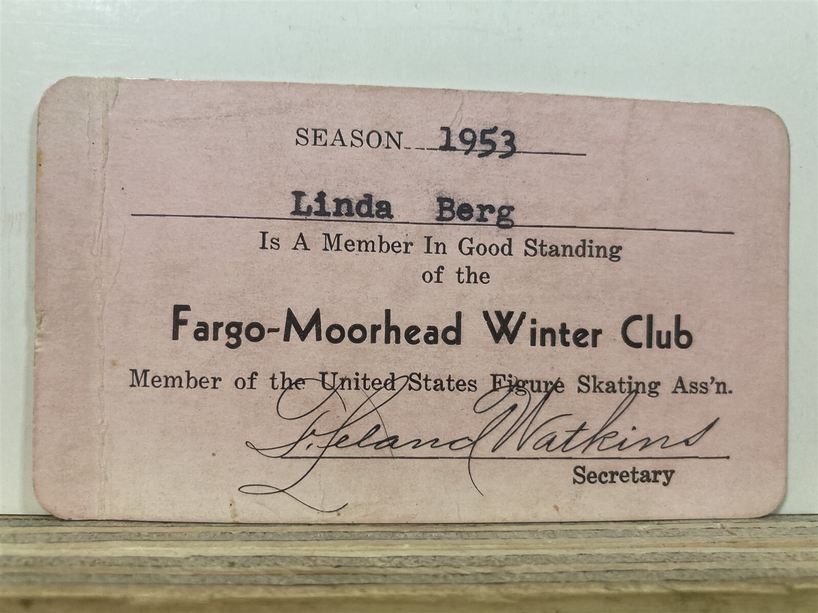 1953 Fargo Moorhead Winter Club Figure Skating Association Membership Card ND MN