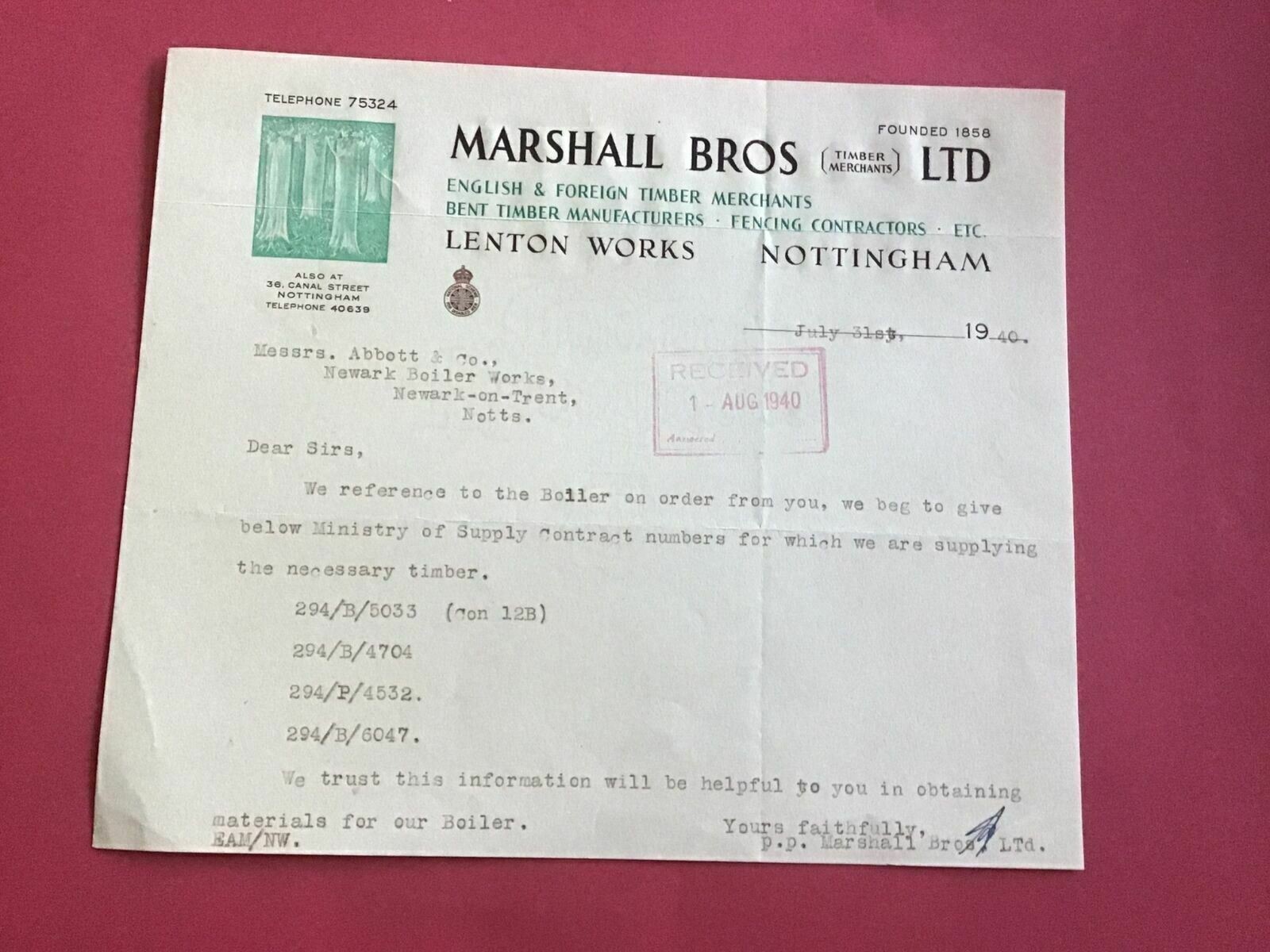 Marshall Bros Ltd Timber Merchants 1940 Nottingham receipt R33342