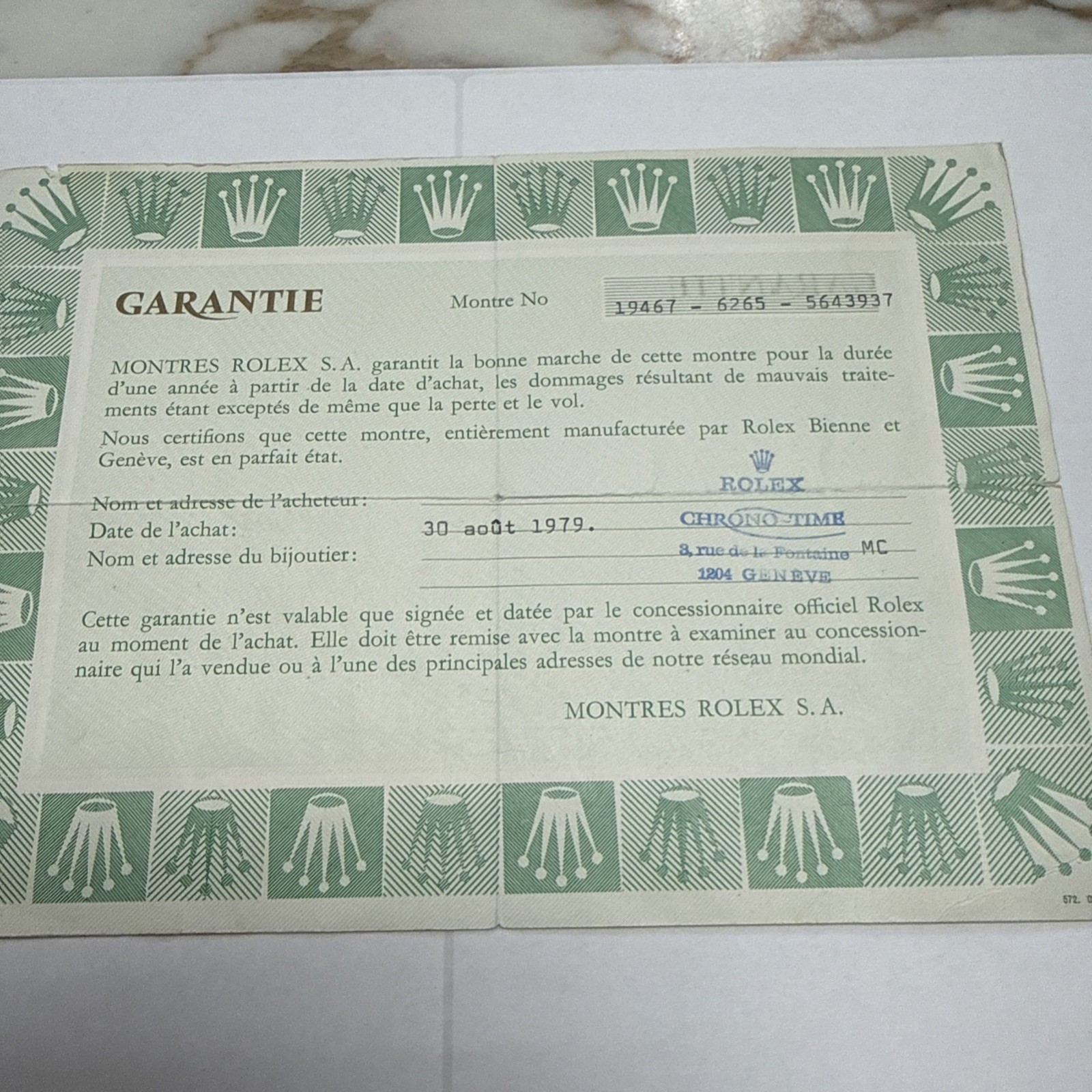 Rolex 6265 Daytona Cosmograph Vintage Warranty 1972 Certificate Guarantee