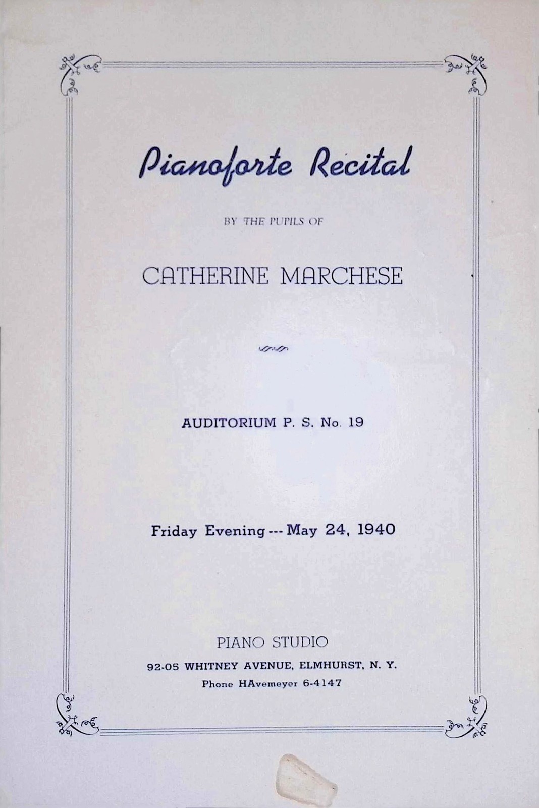 Piano Recital Program 1940 Catherine Marchese P.S. No 19 Elmhurst NY Chopin