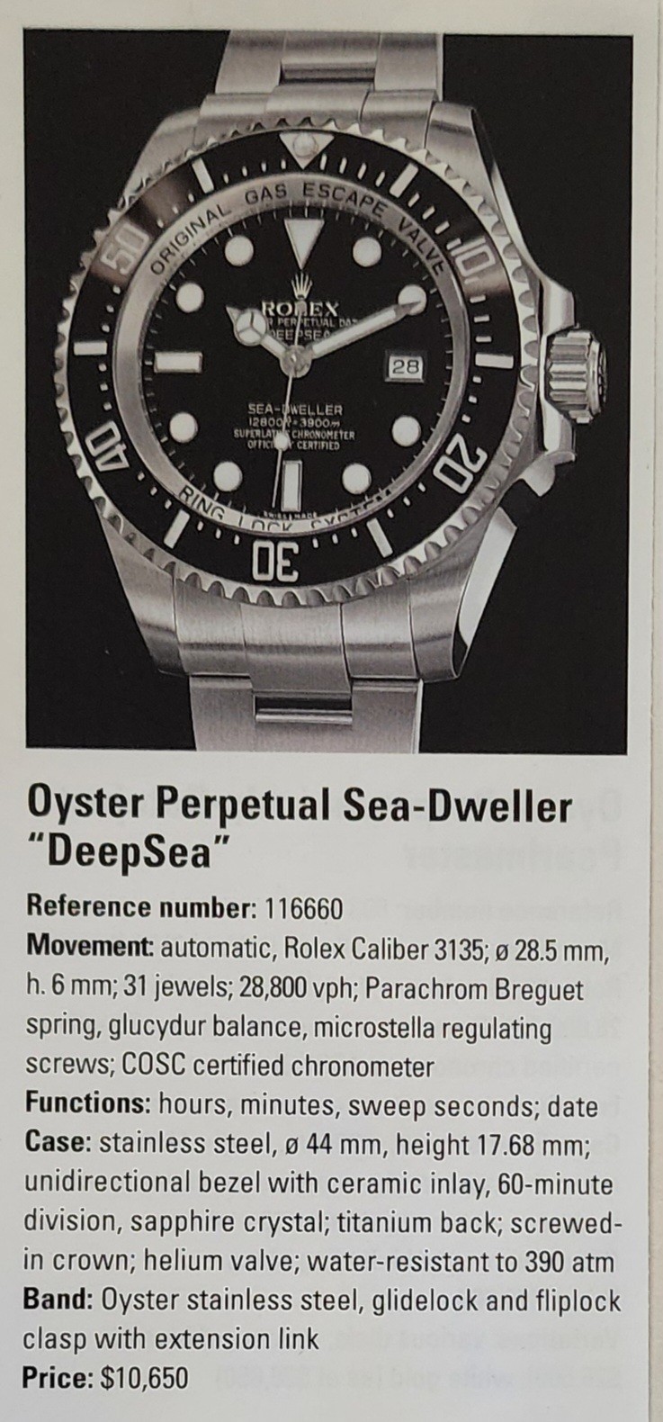 Rolex Sea Dweller Deep Sea Watch Picture Catalog Magazine Ad Original