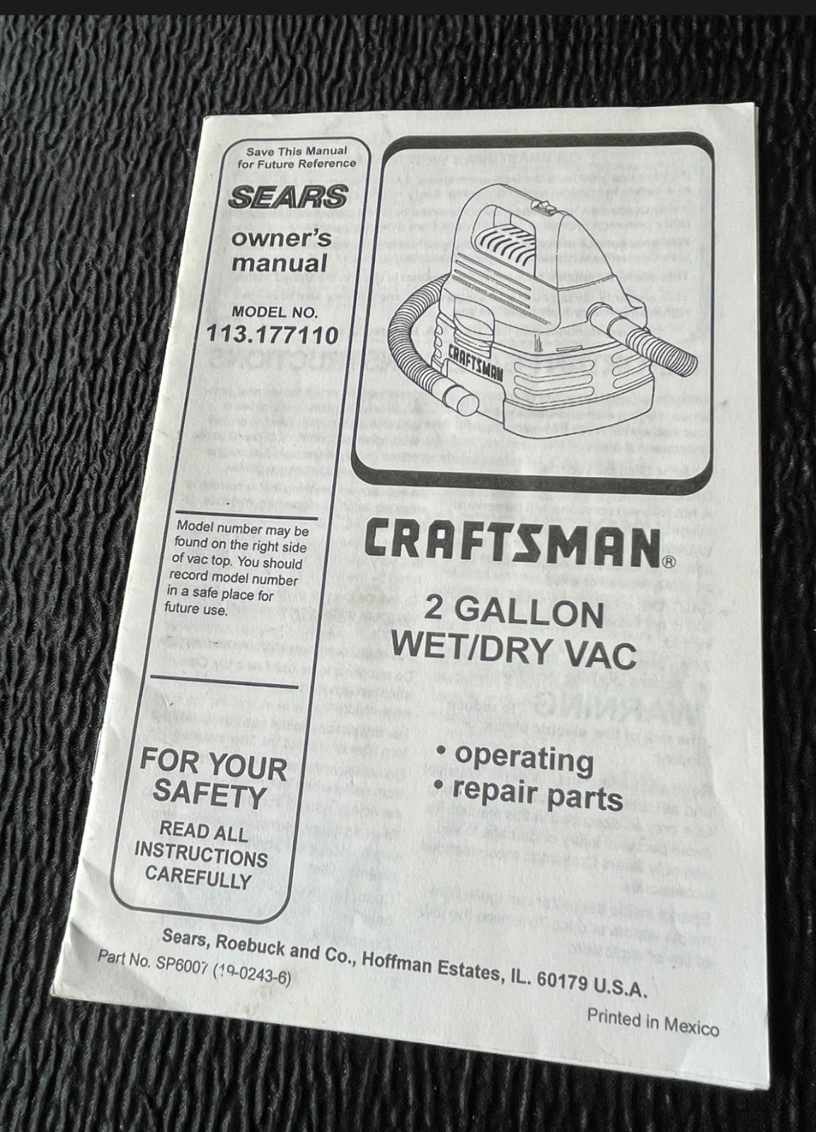 Instructions ONLY Craftsman 2 Gallon Wet/Dry Vac 113.177110 Owner Manual
