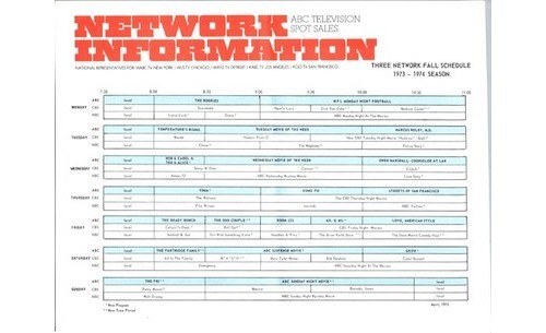 ABC TV Schedule Grid 1974 Prime Time Programs Rookies Brady Bunch 7-11PM Eastern