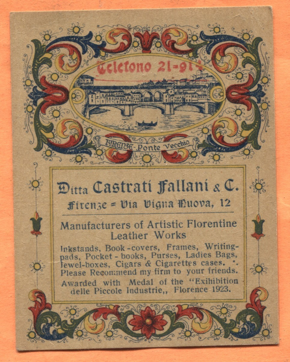 Florence Italy Ditta Castrati Fallani & Co. Leather Works Lithographed Card 1923