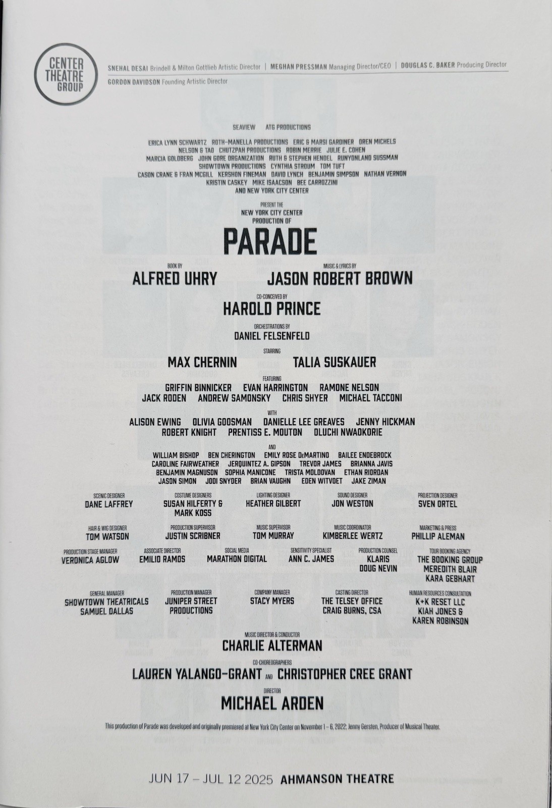 Parade BroadwayTour Playbill Jun 2025 Los Angeles Ahmanson Theatre