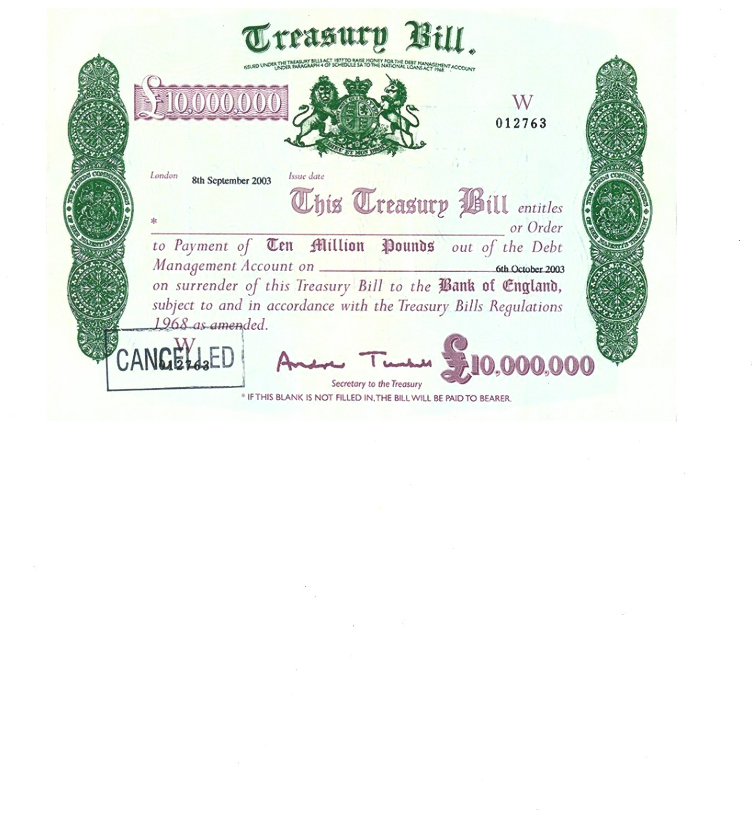 u Reproduction Note United Kingdom Treasury Bill 10000000 Pounds 2003 152