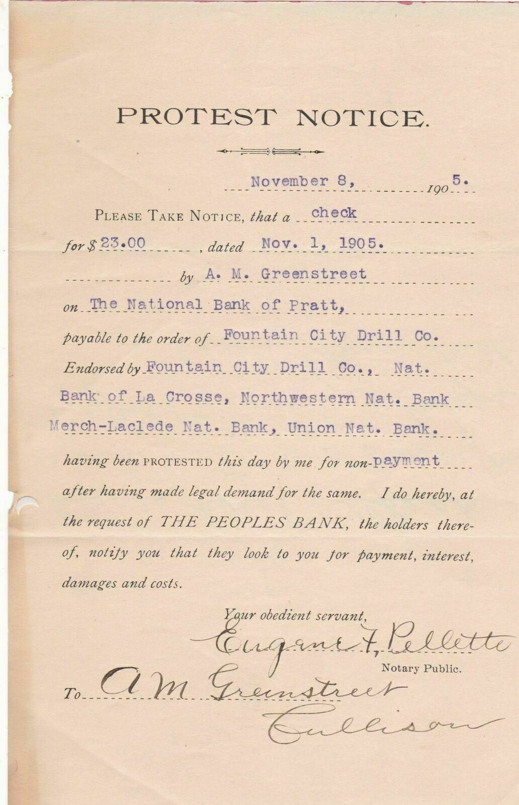 U.S. Protest Notice Letter 1905 Fountain City Drill Co. Non Payment Ref 42212