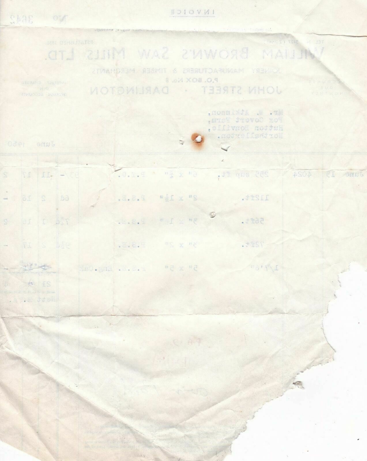 William Browns Saw Mills Ltd. Darlington 1960 Timber Merchants Invoice Ref 37959