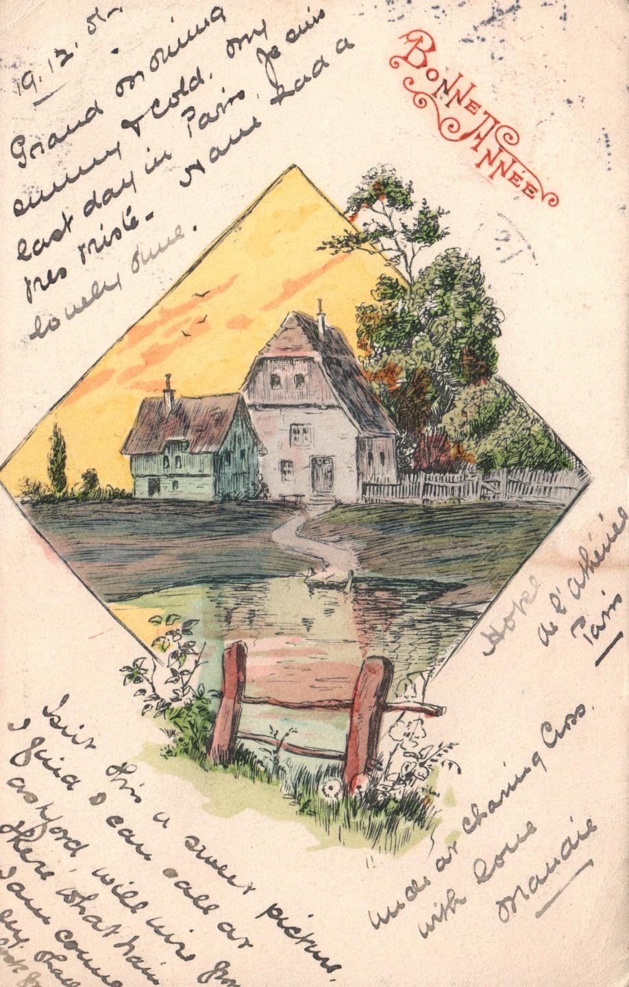 1906 ANTIQUE Handmade Ink Watercolour Painting French Farmhouse POSTCARD, Paris