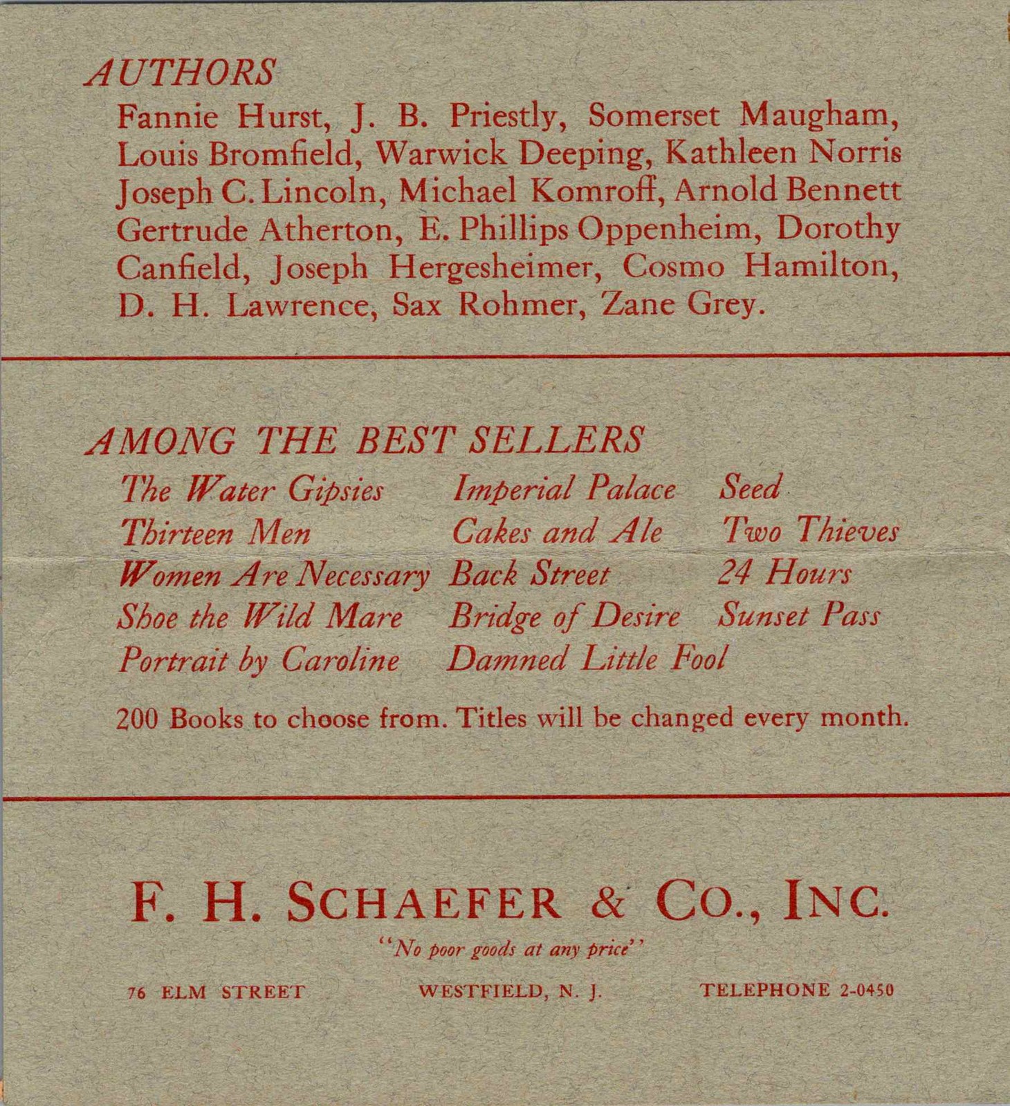 Circulating Library of New Titles Bookmark F H Schaefer Westfield NJ 1940s
