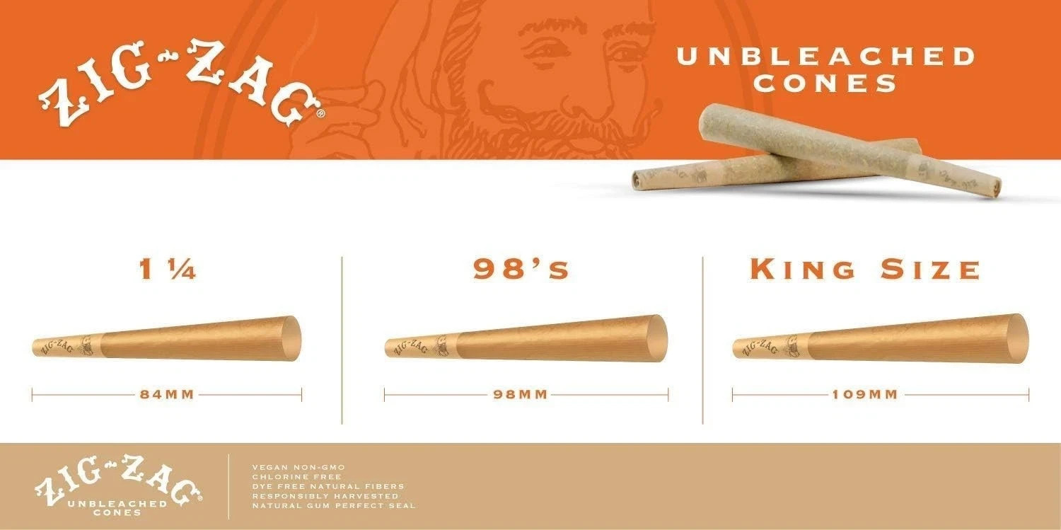 Zig-Zag 1-1/4″ Unbleached Pre Rolled Cones – 12 Pack Carton – 24 Cones Per Pack