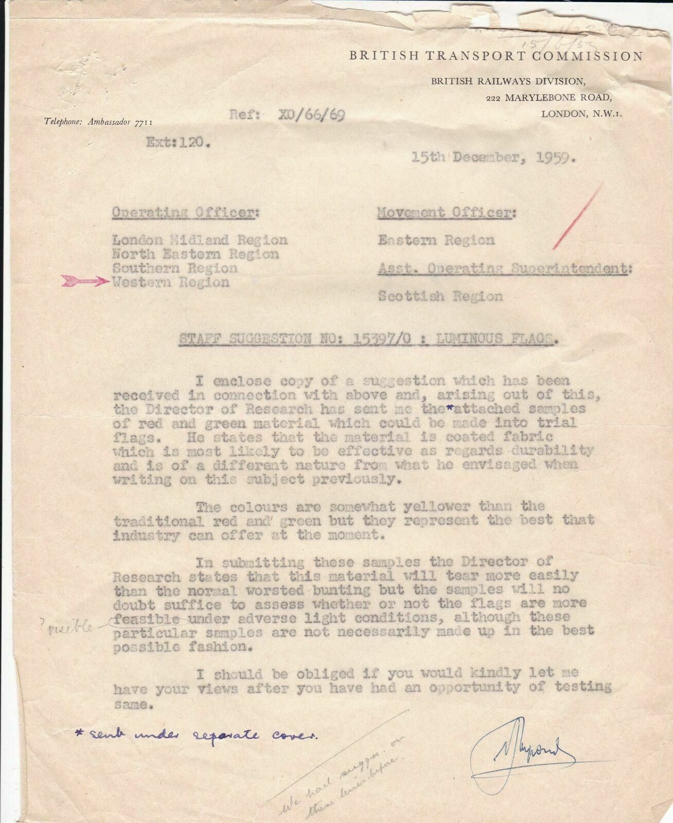 British Transport Commission 1959 Staff Suggest Luminous Flags Letter Ref 37325