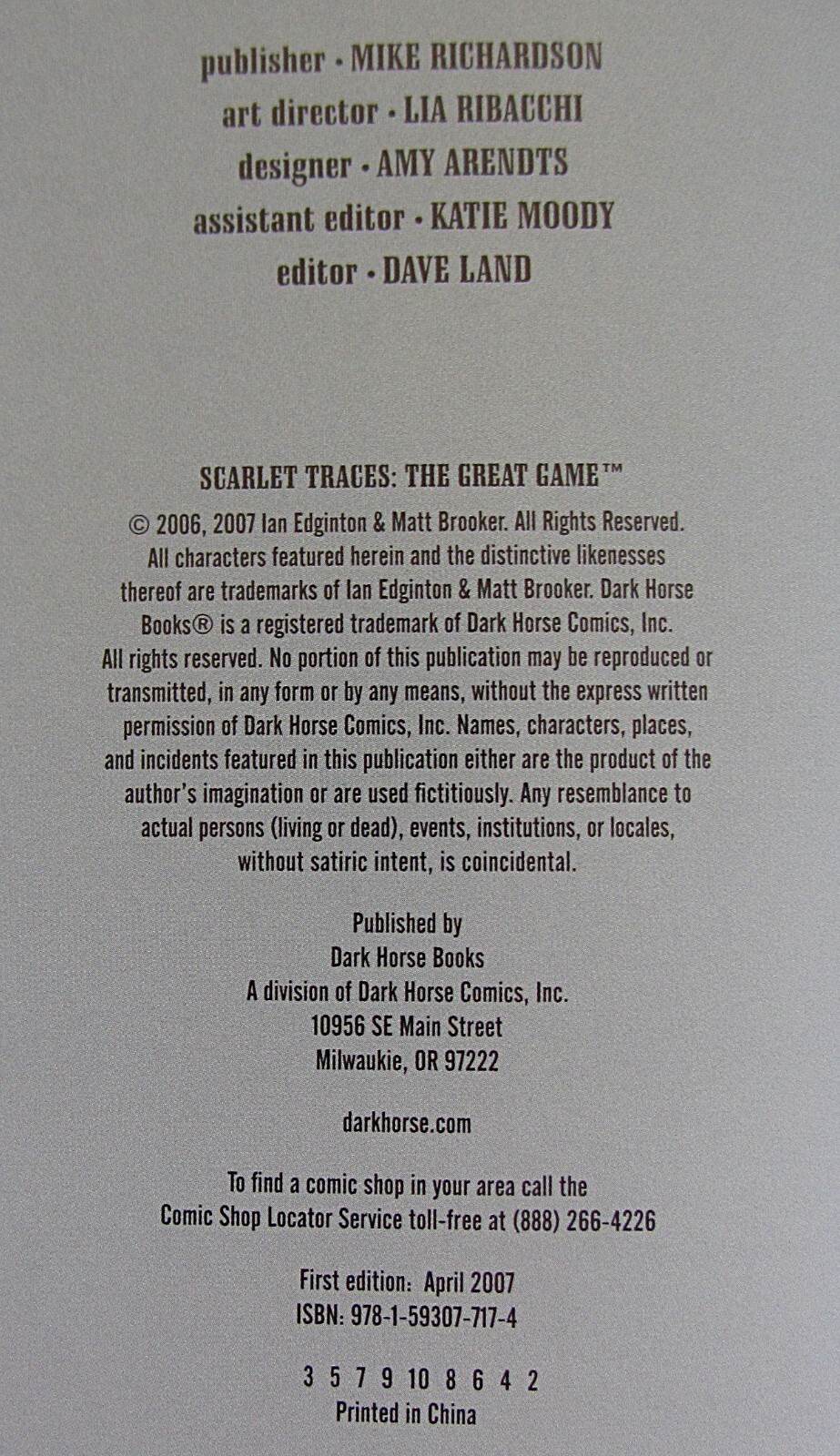 SCARLET TRACES: THE GREAT GAME~IAN EDGINTON~D’ISRAELI~DARK HORSE~HC~2007~NEW