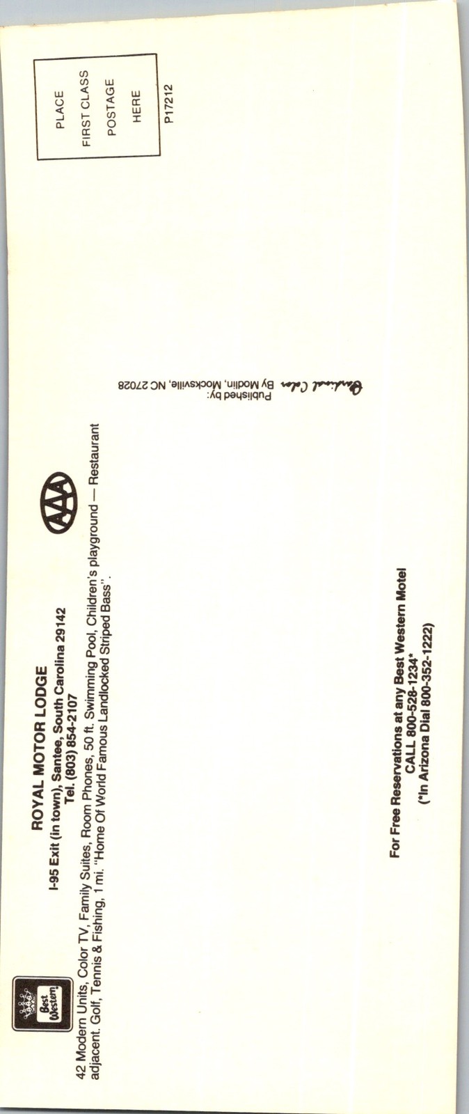 1970s Best Western Royal Motor Lodge Rack Card Postcard Santee SC AAA Americana