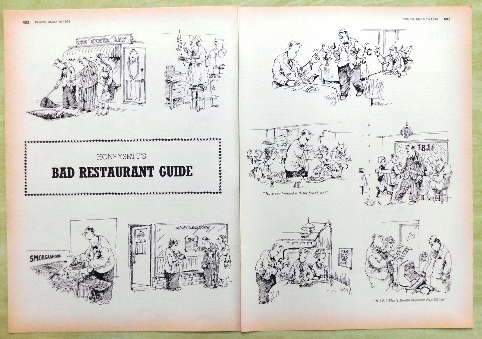 1976 Punch Cartoon “Bad Restaurant Guide” Original 2-Page HONEYSETT Print
