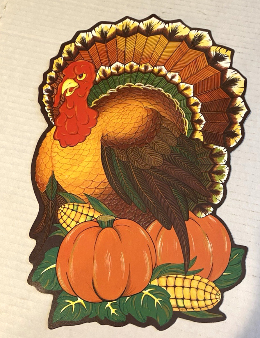 Vintage Die Cut Thanksgiving Turkey Card Decor Fall 12″x8″ Pumpkins Corn 2 Cards