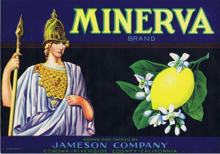 Minerva, warrior woman, toga, original Corona Riverside VTG Lemon Crate Label