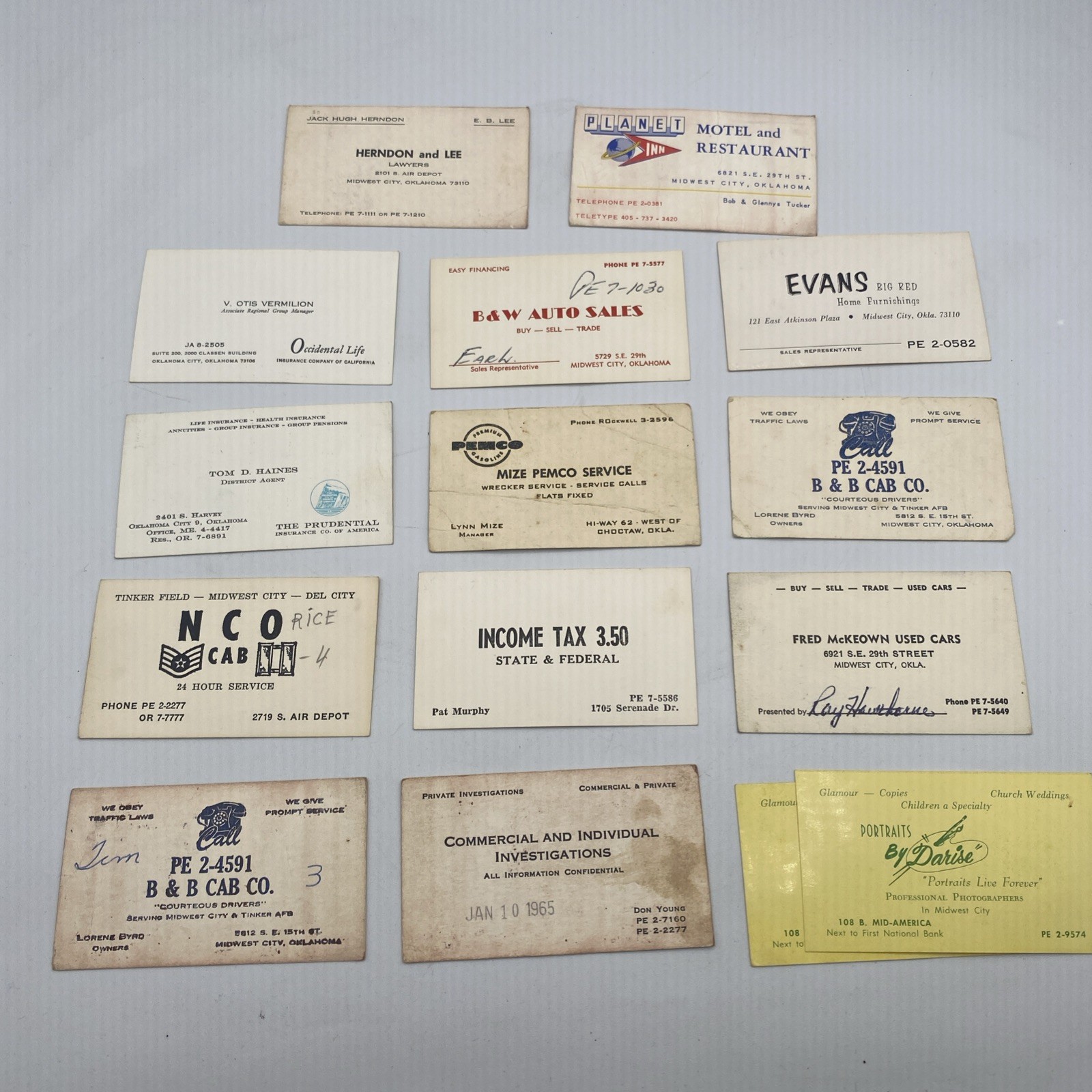 Vintage Business Cards Lot 15 Americana Midwest City Oklahoma Hotel Taxi 1960s