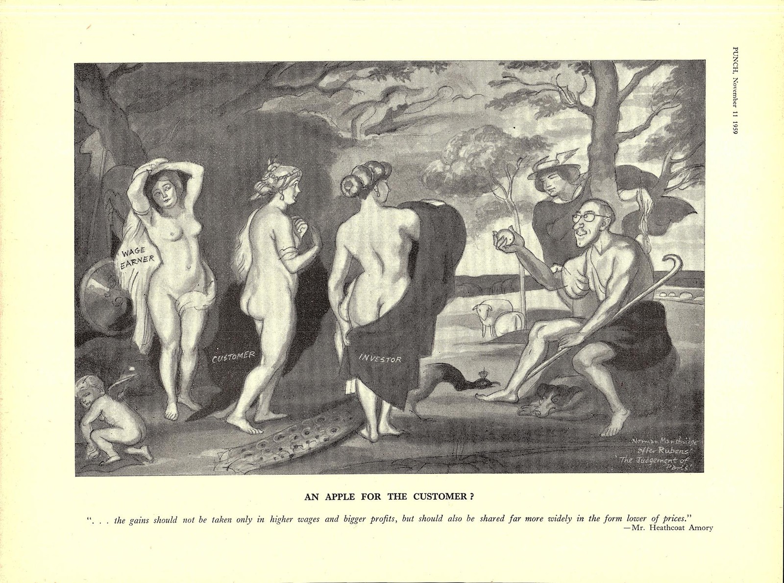 Original 1959 Punch Cartoon Print “An Apple for the Customer?” After Rubens