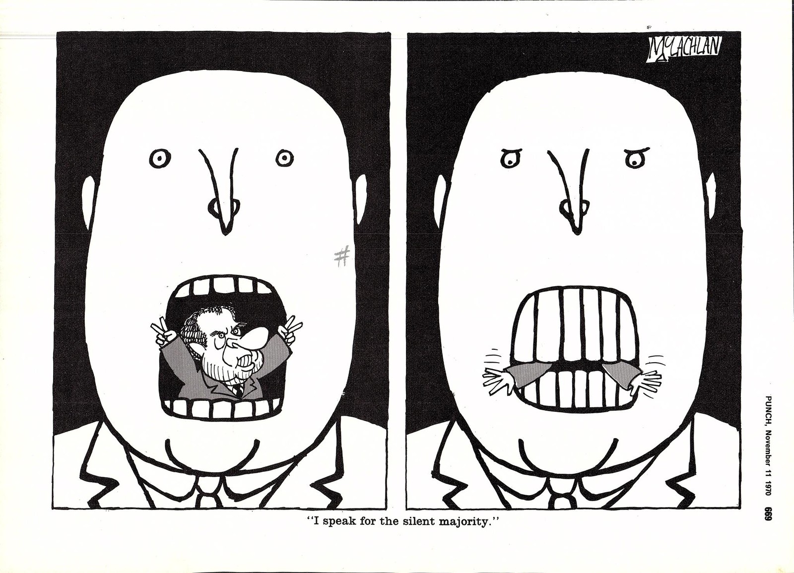 1970 Punch McLachlan Cartoon Print NIXON, “I Speak for the Silent Majority”