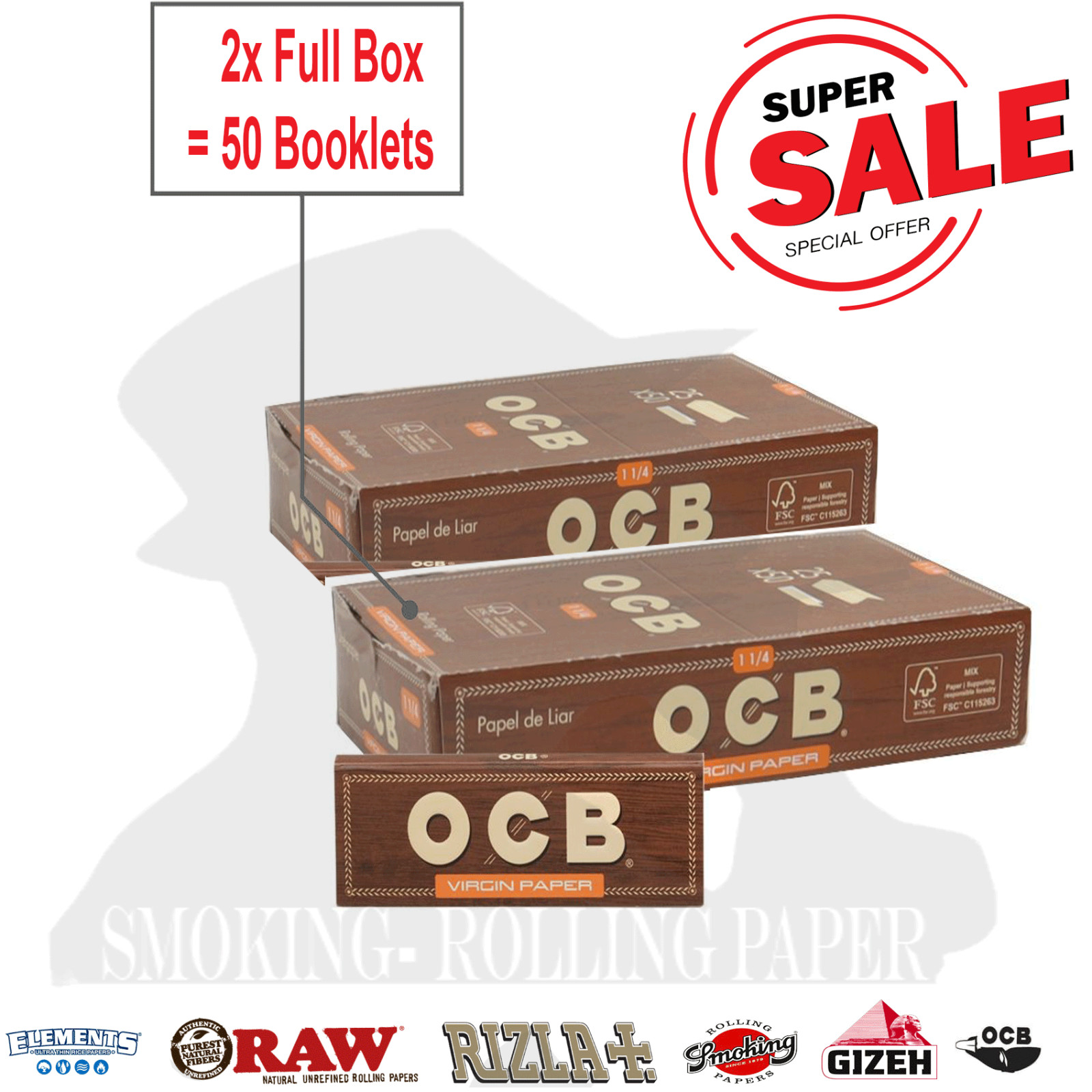 2 X OCB Virgin 1 1/4 Non Sbiancate Cartine Total 2500 sheets Prodotto Originale