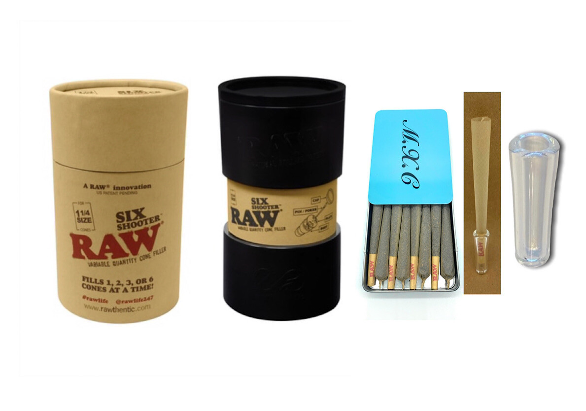 Raw 6 Six Shooter loader 1 1/4 size +steel slide lock case+glass cone tip
