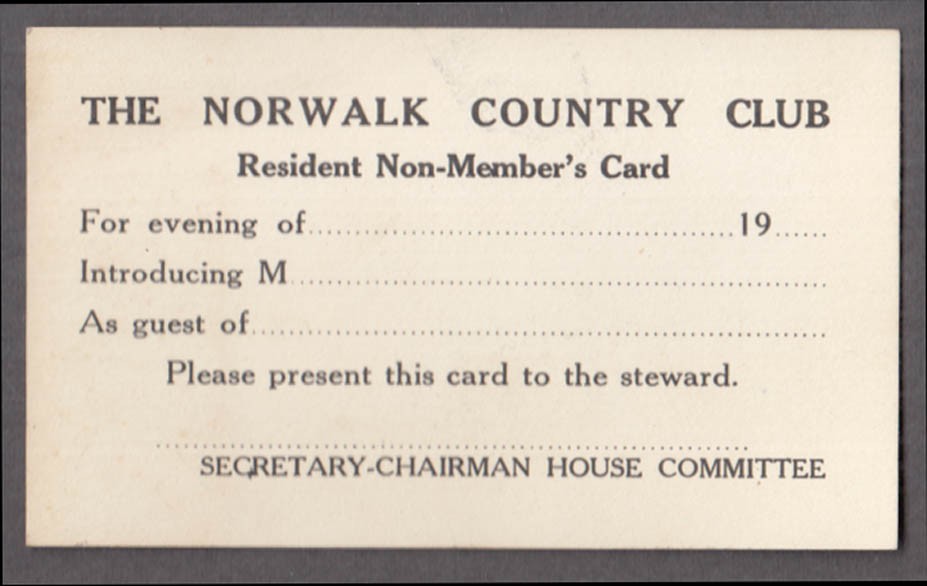 Norwalk Country Club Resident Non-Member’s Card for Event Guest 1920s