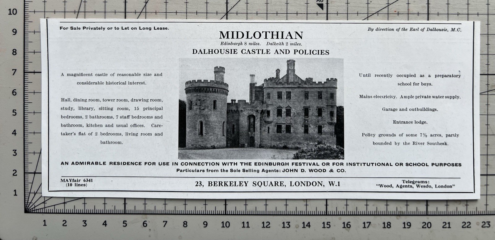 Dalhousie Castle & Policies – Dalkeith – Midlothian For Sale – 1957 Cutting 399