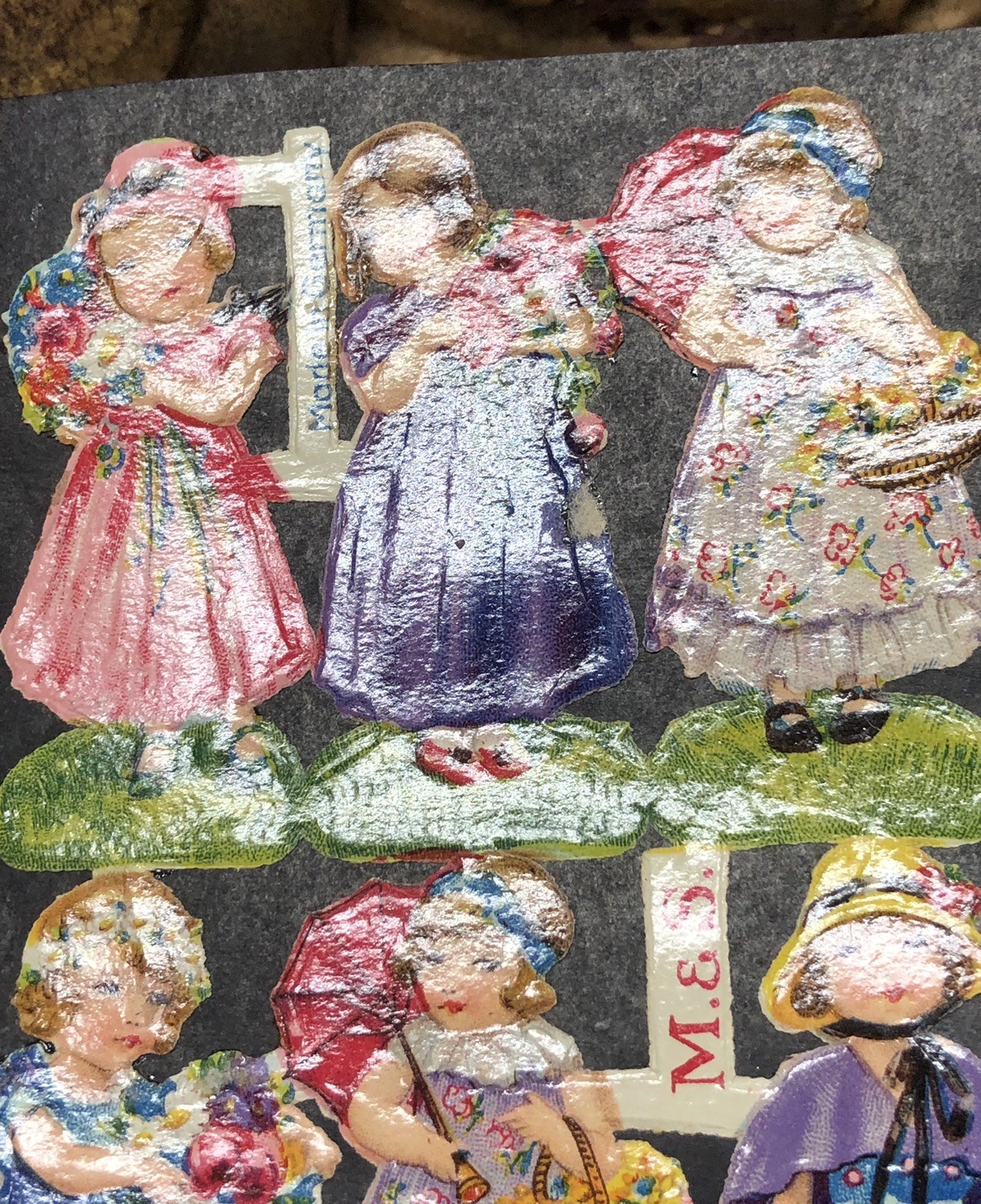 Dressed Girls Die Cut Embossed Scraps by M&S Glued on Paper Double Sided L10