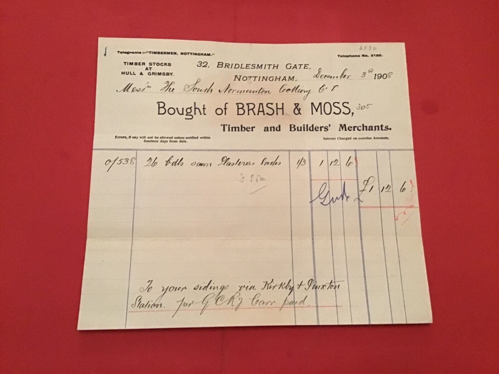 Brash & Moss Nottingham 1908 Timber & Builders Merchant receipt R35808